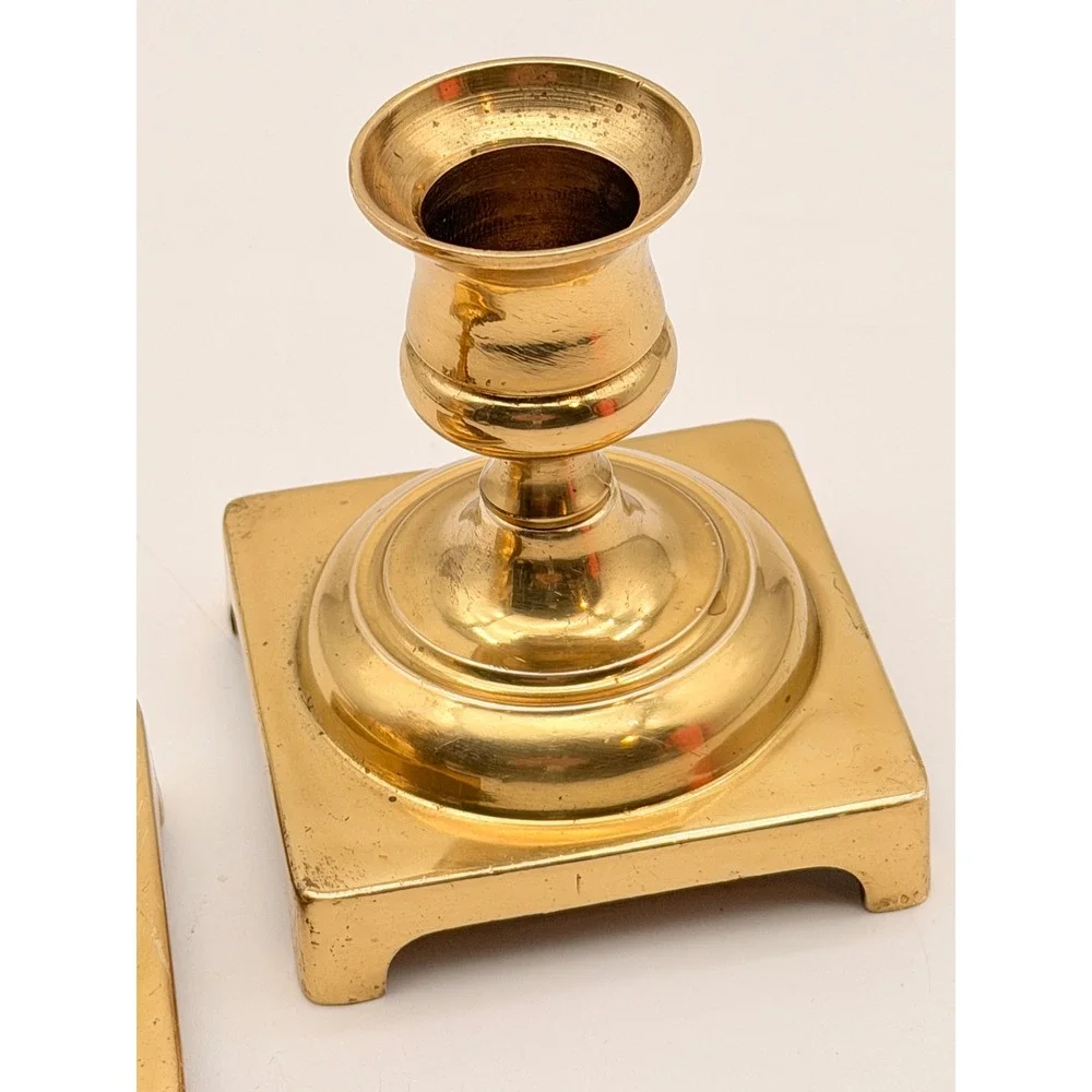Vintage Pair Solid Brass Square Base Candlestick Holders Made in England 3 Inch